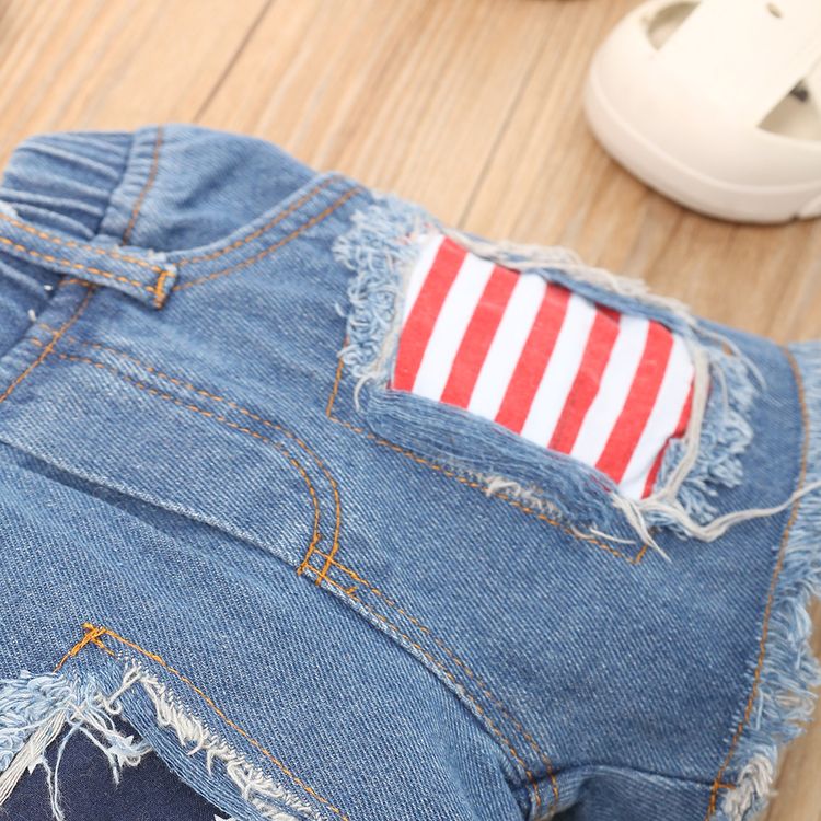 Independence Day 2pcs Baby Girl 100% Cotton Ripped Denim Shorts and Flag Pattern Design Cold Shoulder Sleeveless Ruffle Top Set Red