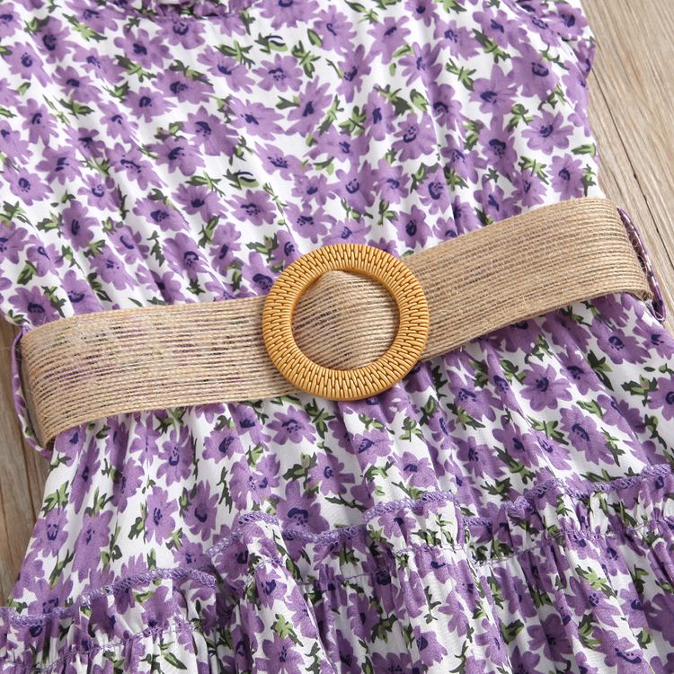Toddler Girl Floral Print Ruffled Belted Purple Slip Dress Purple