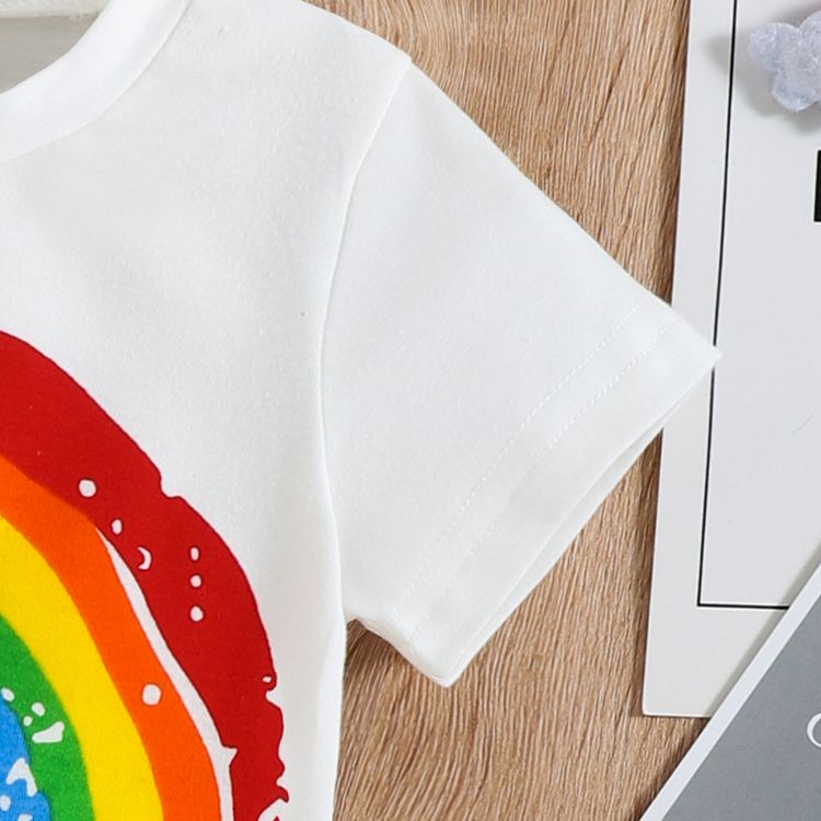 2pcs Baby Boy/Girl Rainbow Print Short-sleeve T-shirt and Jeans Set White