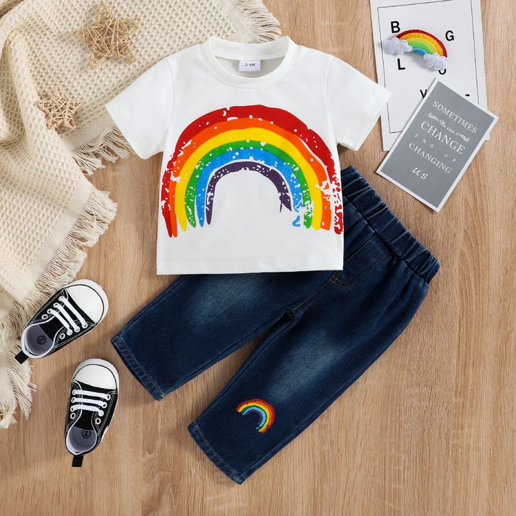 2pcs Baby Boy/Girl Rainbow Print Short-sleeve T-shirt and Jeans Set White