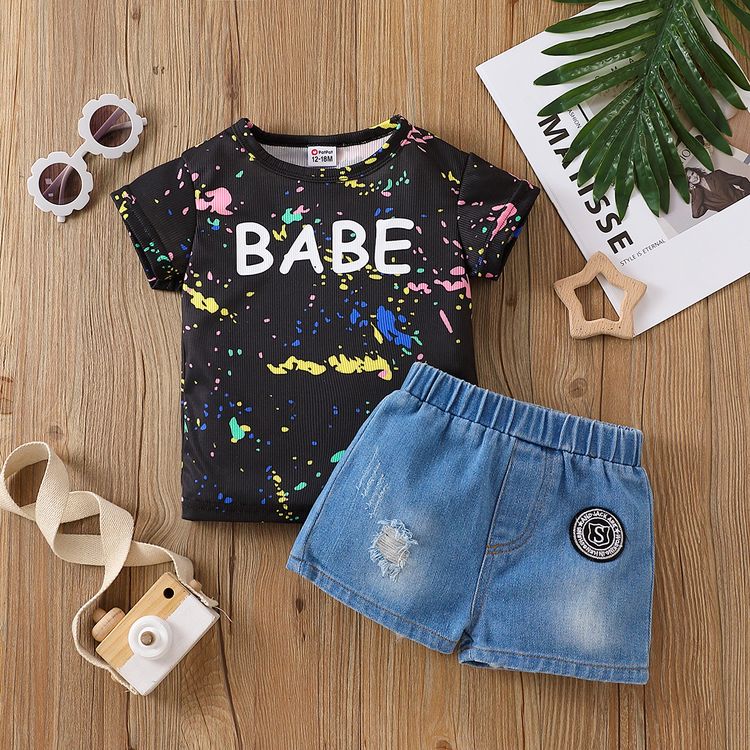 Set di 2 pezzi di t-shirt a maniche corte con graffiti con stampa di  lettere da neonato e pantaloncini di jeans strappati Solo $13.99 Patpat US  Cellulare