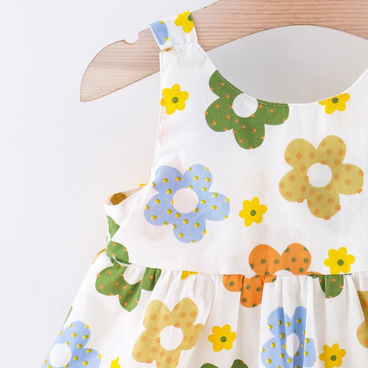 2pcs Baby Girl Allover Floral Print Sleeveless Bowknot Dress with Hat Set Yellow