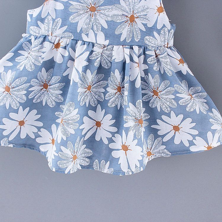 2pcs Toddler Girl Floral Print Bowknot Design Strap Dress and Straw Hat Set Blue
