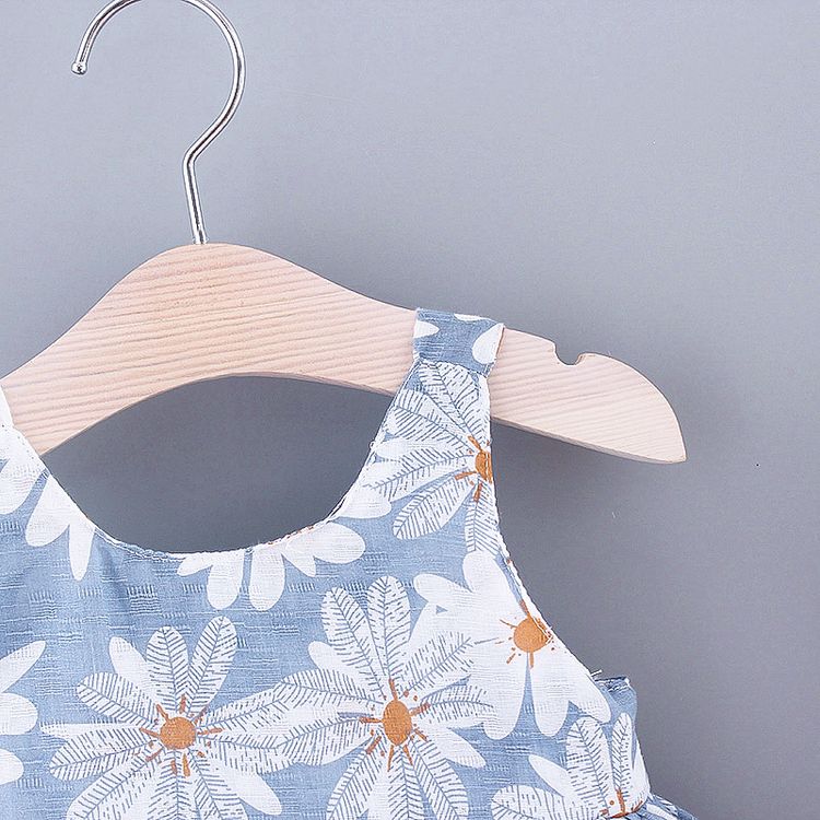 2pcs Baby Girl All Over Daisy Floral Print Bowknot Sleeveless Tank Dress with Hat Set Blue