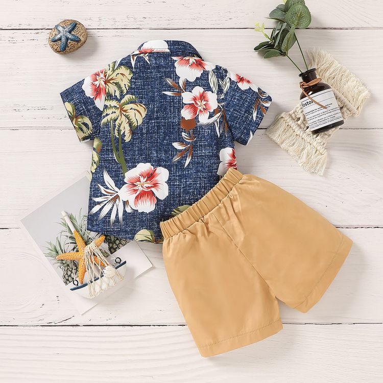 2pcs Baby Boy Floral Print Short-sleeve Shirt and Solid Shorts Set Apricot