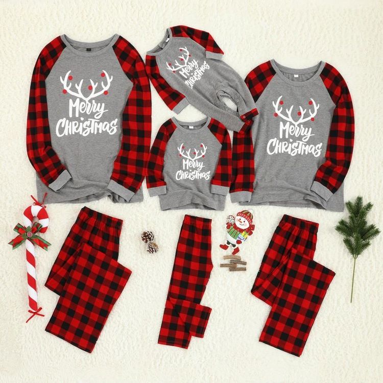 Merry Christmas Antler Letter Print Plaid Design Family Matching Pajamas Sets (Flame Resistant) Grey