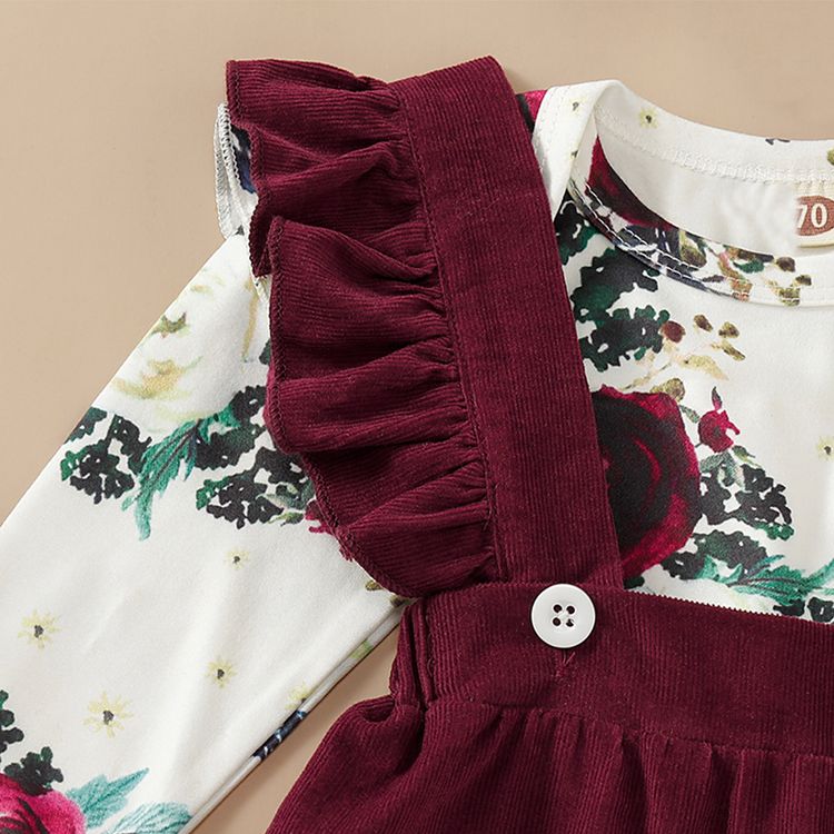 3pcs Floral Print Ruffle Decor Long-sleeve Baby Set White