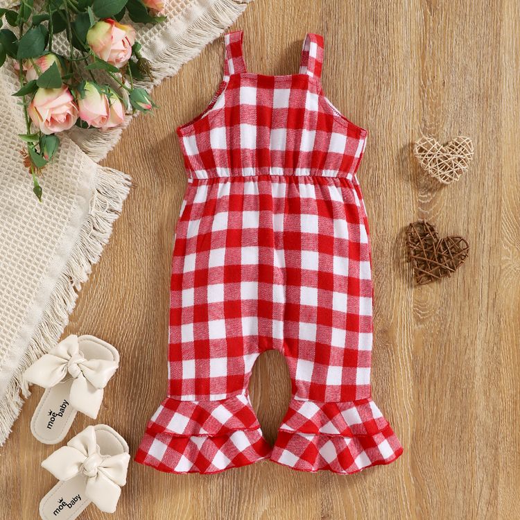 100% Cotton Baby Girl Red Plaid Hollow Out Sleeveless Bell Bottom Jumpsuit Red