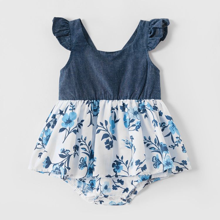 Mosaic Floral Print Stitching Family Matching Navy Blue Sets Dark Blue/white
