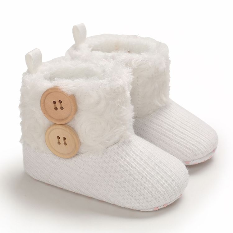 Baby / Toddler Girl Solid Button Fluff Knitted Casual Fleece-lining Prewalker Shoes White