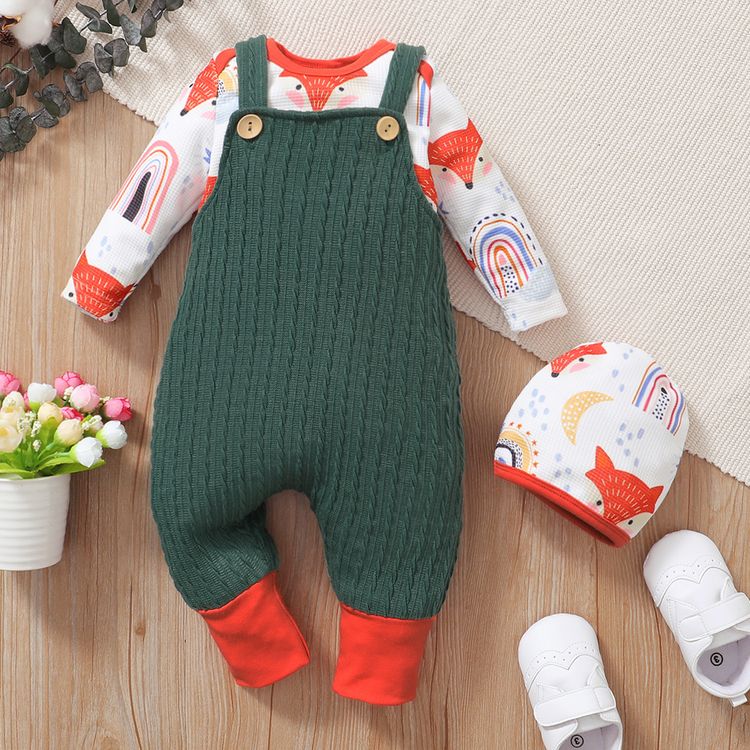 3pcs Baby Boy Cartoon Fox Print Long-sleeve Romper and Solid Cable Knit Textured Overalls Set Green