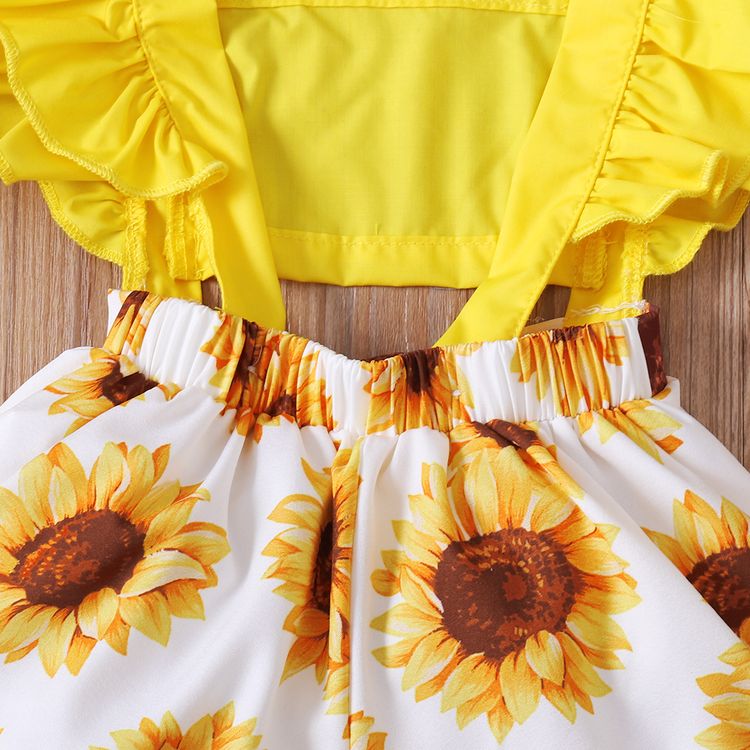 2pcs Baby Girl Solid Splicing Sunflower Floral Print Ruffle Sleeveless Romper with Headband Set Yellow