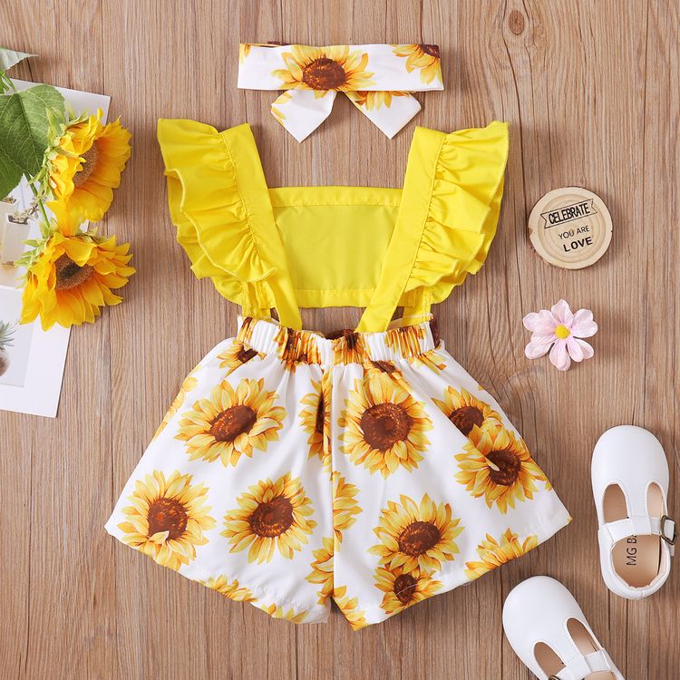 2pcs Baby Girl Solid Splicing Sunflower Floral Print Ruffle Sleeveless Romper with Headband Set Yellow