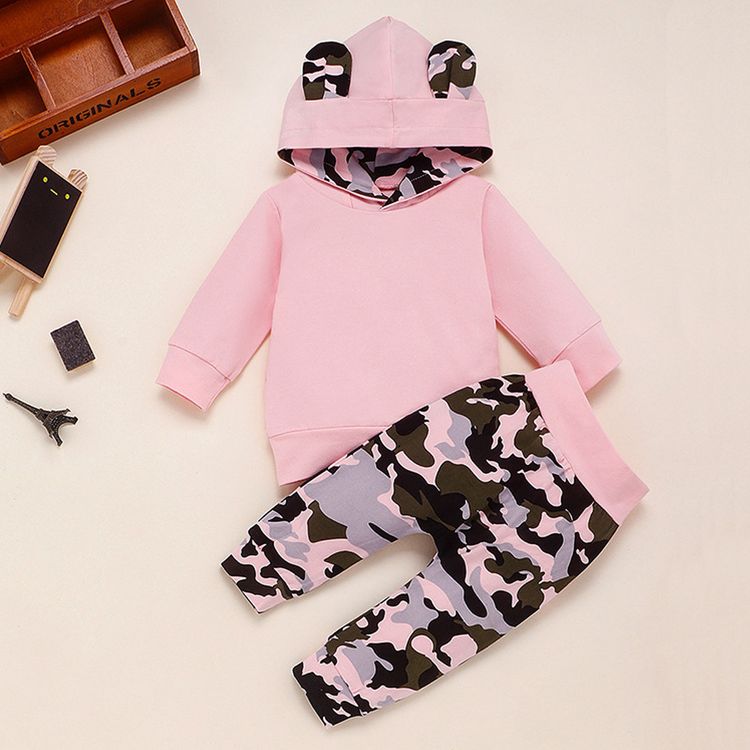 100% Cotton 2pcs Camouflage Print Hooded Long-sleeve Pink Baby Set Pink