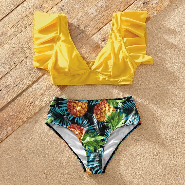 Ruffled Sleeve Pineapple Print Family Matching Swimsuits Yellow