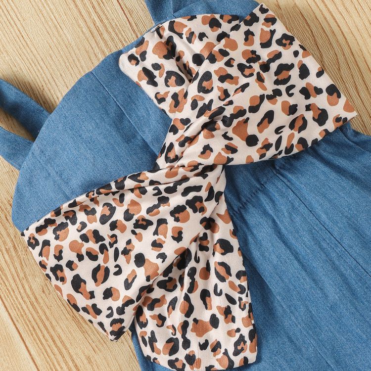 Denim Leopard Print Bow Decor Sleeveless Baby Overalls Blue