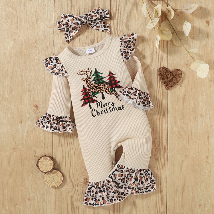 Christmas 2pcs Leopard Splicing Ruffle Ribbed Long-sleeve Baby Jumpsuit Set Khaki