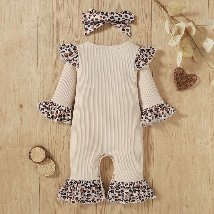 Christmas 2pcs Leopard Splicing Ruffle Ribbed Long-sleeve Baby Jumpsuit Set Khaki