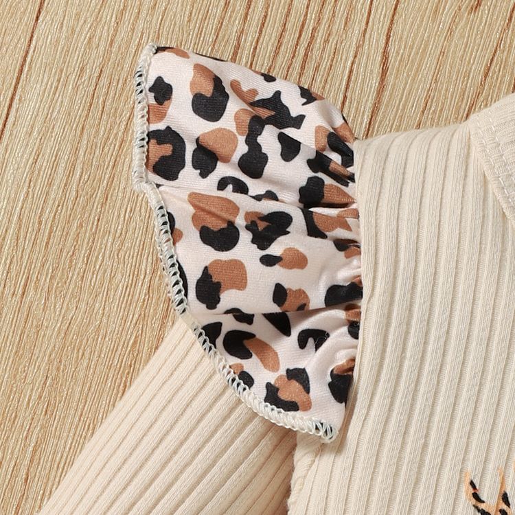 Christmas 2pcs Leopard Splicing Ruffle Ribbed Long-sleeve Baby Jumpsuit Set Khaki
