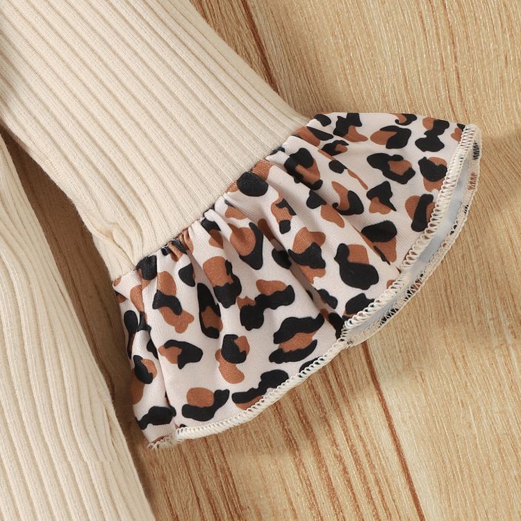 Christmas 2pcs Leopard Splicing Ruffle Ribbed Long-sleeve Baby Jumpsuit Set Khaki