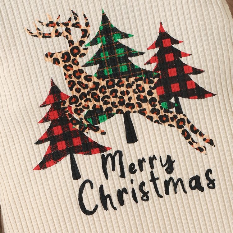 Christmas 2pcs Leopard Splicing Ruffle Ribbed Long-sleeve Baby Jumpsuit Set Khaki