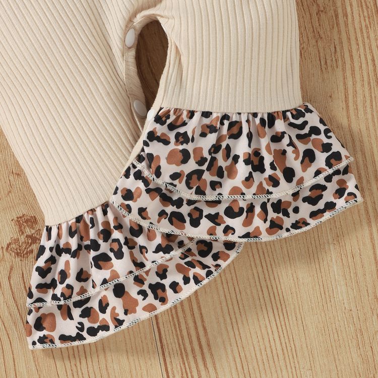 Christmas 2pcs Leopard Splicing Ruffle Ribbed Long-sleeve Baby Jumpsuit Set Khaki