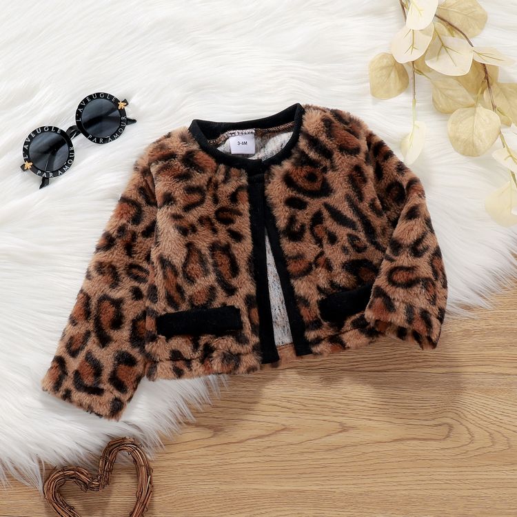 Baby 3pcs Leopard Fleece Long-sleeve Cardigan and Letter Print Splice Dress Set Khaki
