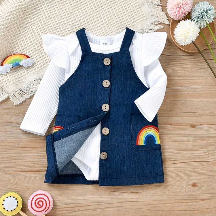 100% Cotton 2pcs Baby Girl Ribbed Long-sleeve Romper and Rainbow Embroidered Denim Overall Dress Set Blue