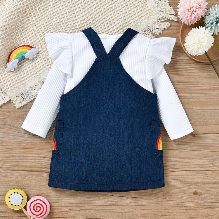 100% Cotton 2pcs Baby Girl Ribbed Long-sleeve Romper and Rainbow Embroidered Denim Overall Dress Set Blue