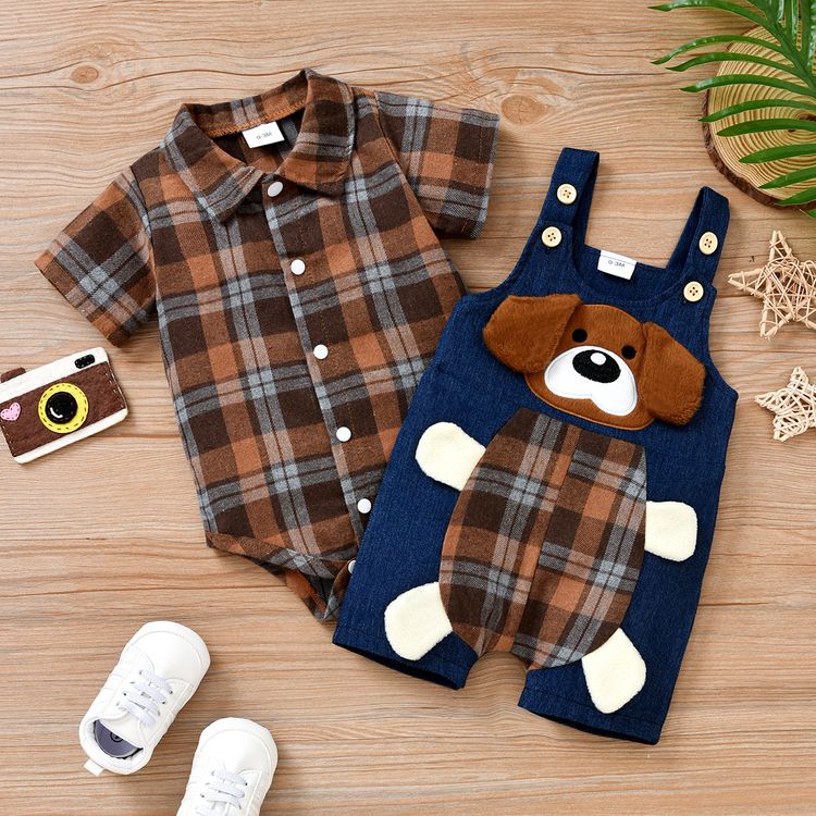 100% Cotton 2pcs Baby Boy Plaid Short-sleeve Romper and Cartoon Dog 3D Ears Overall Shorts Set Yellow