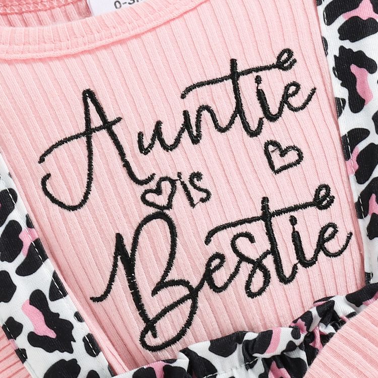 2pcs Baby Girl 95% Cotton Ribbed Ruffle-sleeve Bowknot Letter Embroidered Faux-two Leopard Jumpsuit with Headband Set Light Pink