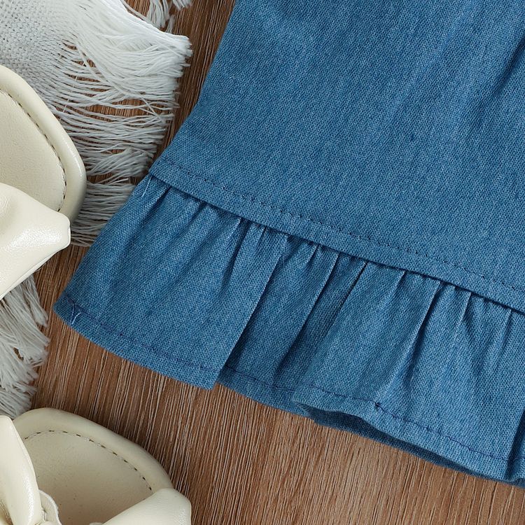 3pcs Baby Girl 95% Cotton Leopard Twist Knit One Shoulder Crop Top and Imitation Denim Ruffle Skirt with Headband Set Blue