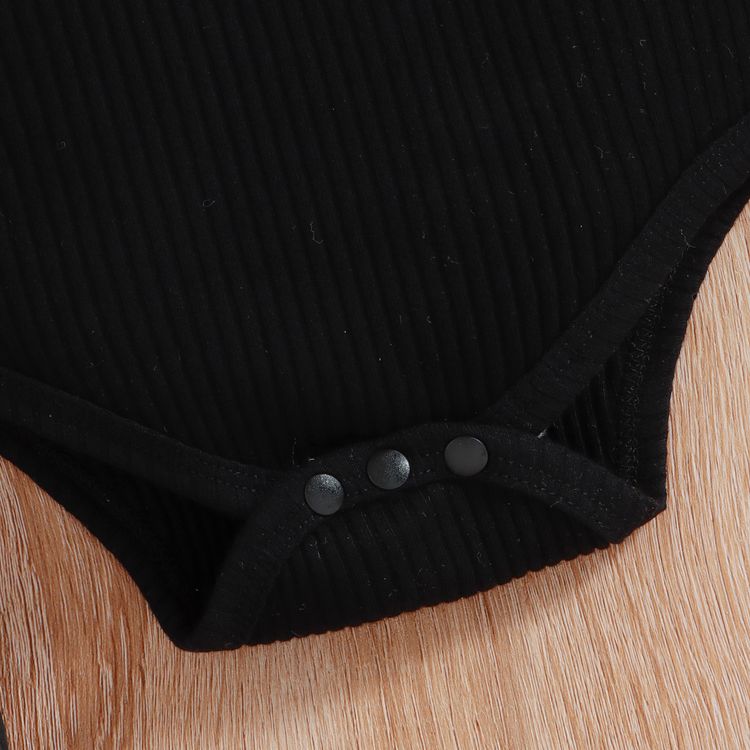 100% Cotton 3pcs Baby Ribbed Ruffle Short-sleeve Romper and Plaid Skirt with Headband Set Black