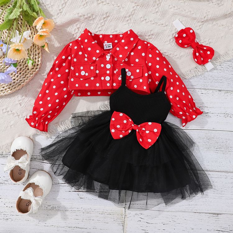 3pcs Baby Girl 100% Cotton Long-sleeve Polka Dots Crop Jacket and Rib Knit Spliced Mesh Cami Dress with Headband Set Black