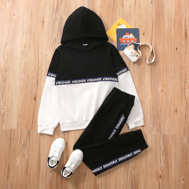 2-piece Kid Boy Letter Print Colorblock Hoodie Sweatshirt and Pants Casual Set Black/White