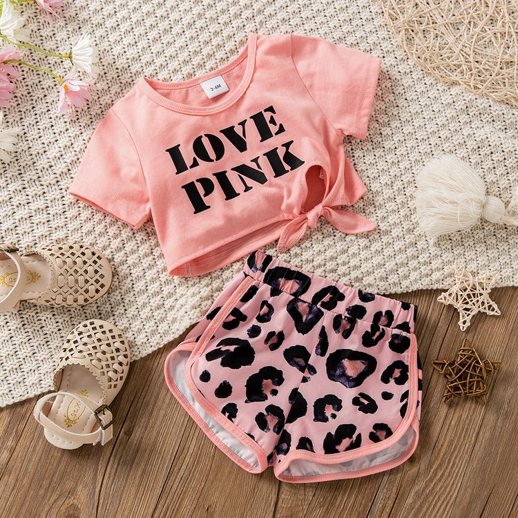 2pcs Baby Girl Letter Print Short-sleeve Twist Knot Crop Top and Leopard Shorts Set Pink