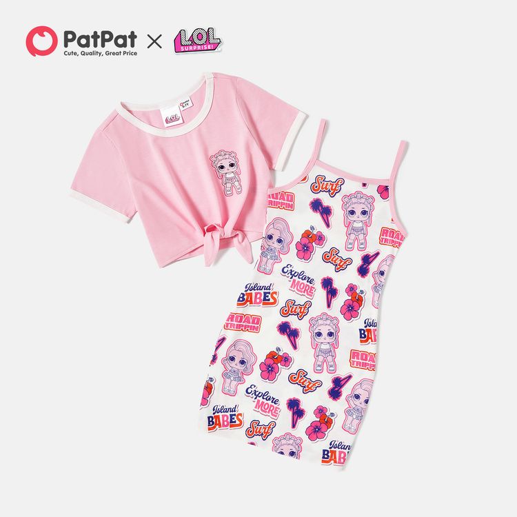 L.O.L. SURPRISE! 2pcs Kid Girl Allover Print Tank Dress and Tie Knot Pink Short-sleeve Cotton Tee Set Pink