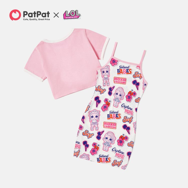 L.O.L. SURPRISE! 2pcs Kid Girl Allover Print Tank Dress and Tie Knot Pink Short-sleeve Cotton Tee Set Pink