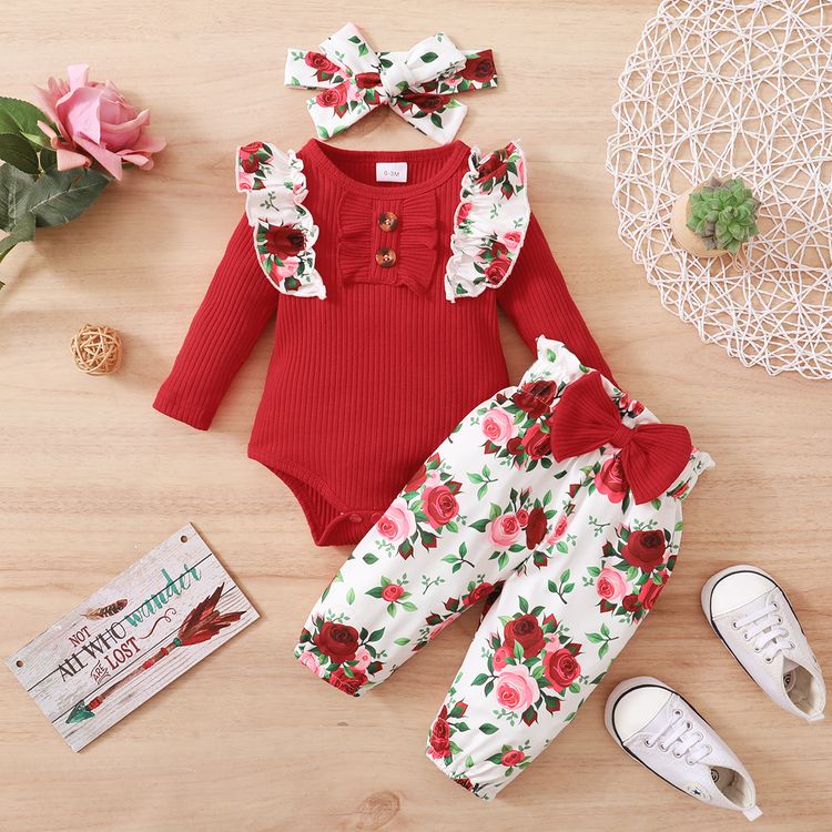 3pcs Baby Red Ribbed Long-sleeve Ruffle Romper and Rose Floral Print Bowknot Trousers Set Red