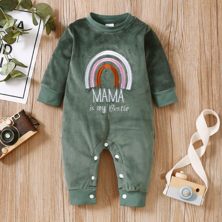 Baby Girl Rainbow and Letter Embroidered Fleece Long-sleeve Jumpsuit Green