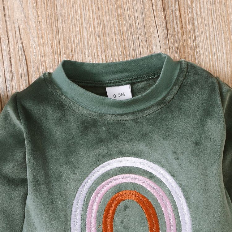 Baby Girl Rainbow and Letter Embroidered Fleece Long-sleeve Jumpsuit Green