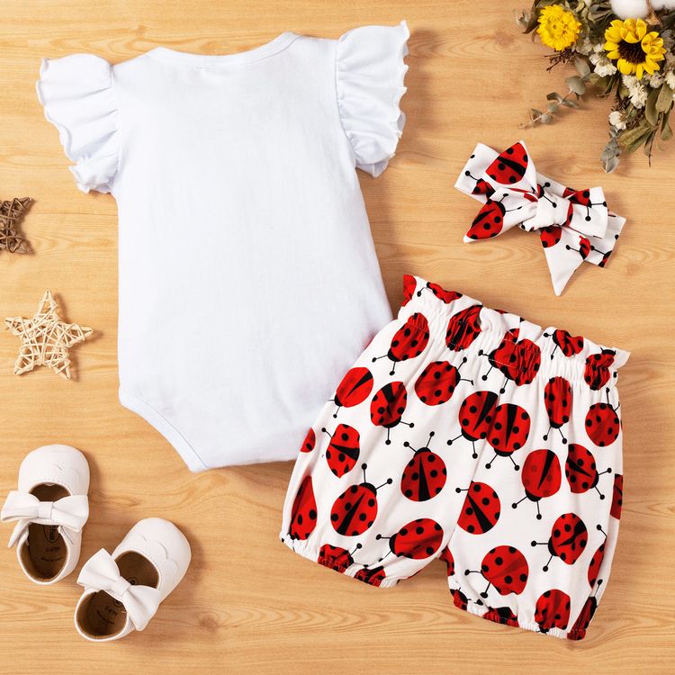 3pcs Baby Girl 95% Cotton Ruffle Sleeve Letter Print Romper and Ladybugs Print Shorts with Headband Set White