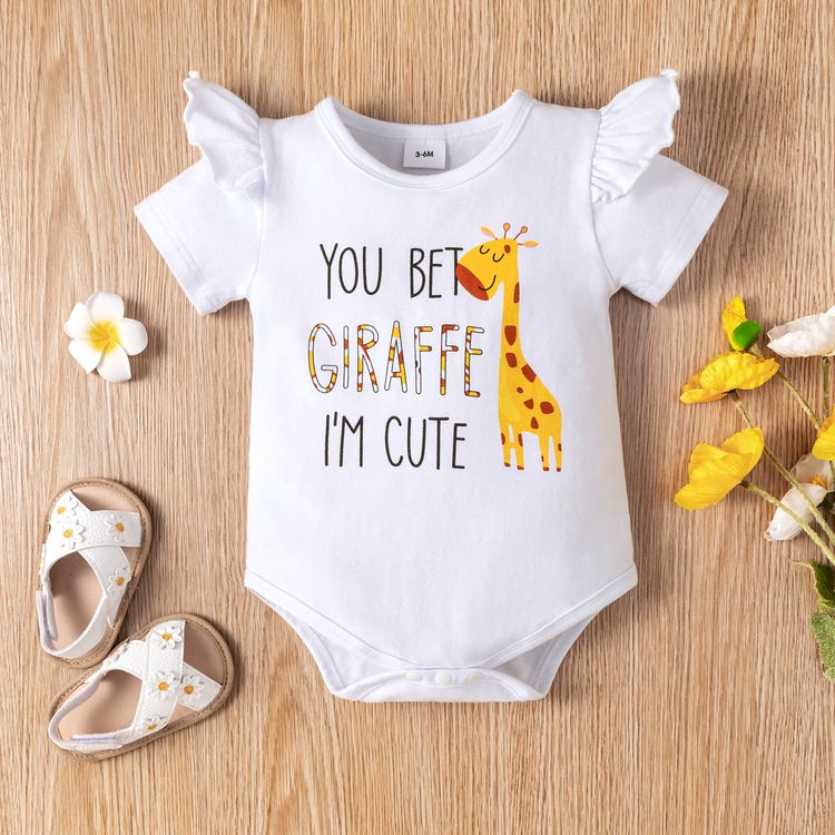 3pcs Baby Girl 95% Cotton Ruffle Short-sleeve Cartoon Giraffe Letter Print Romper and Bowknot Shorts with Headband Set White