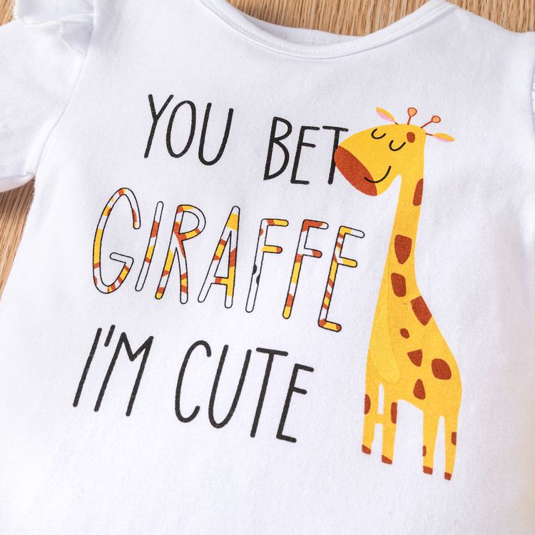 3pcs Baby Girl 95% Cotton Ruffle Short-sleeve Cartoon Giraffe Letter Print Romper and Bowknot Shorts with Headband Set White