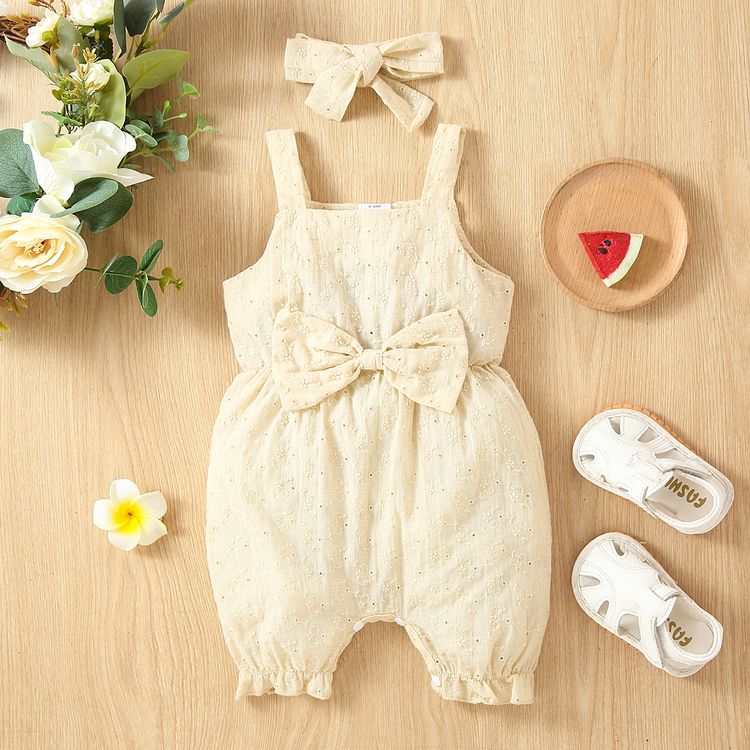 100% Cotton 2pcs Baby Girl Solid Floral Embroidered Sleeveless Spaghetti Strap Bowknot Jumpsuit with Headband Set Champagne