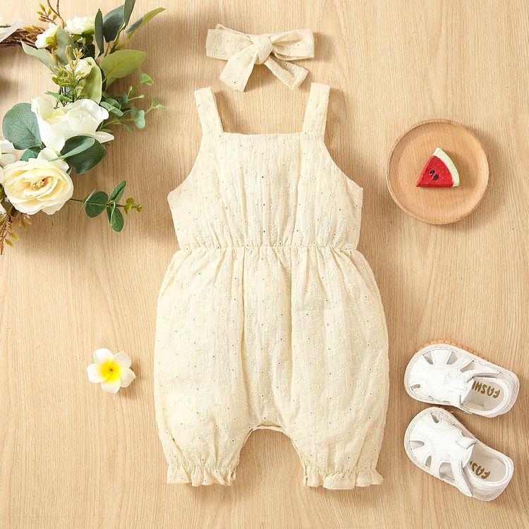 100% Cotton 2pcs Baby Girl Solid Floral Embroidered Sleeveless Spaghetti Strap Bowknot Jumpsuit with Headband Set Champagne