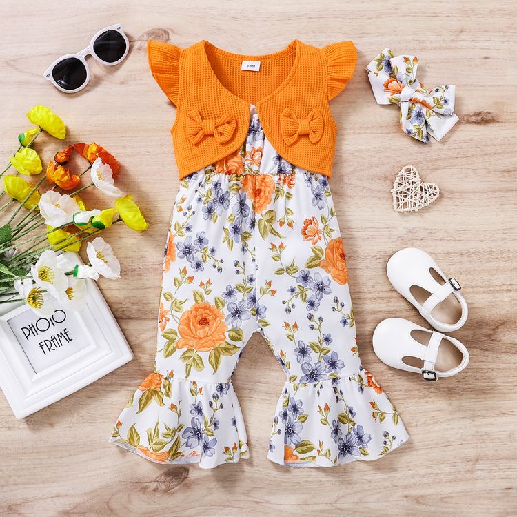 3pcs Baby Girl Solid Waffle Flutter-sleeve Bowknot Cardigan and Floral Print Cami Jumpsuit with Headband Set MultiColour
