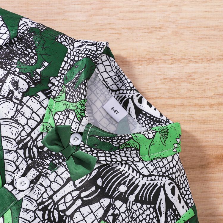 2pcs Toddlr Boy Playful Dinosaur Print Lapel Collar Bow tie Design Shirt and Suspender Shorts Set Green