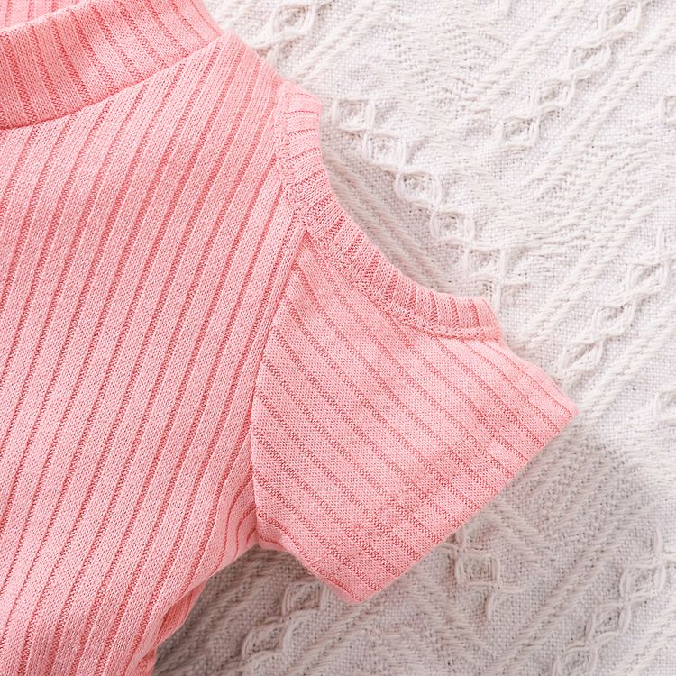 Baby Girl 95% Cotton Ribbed Mock Neck Cold Shoulder Short-sleeve Belted Dress Pink