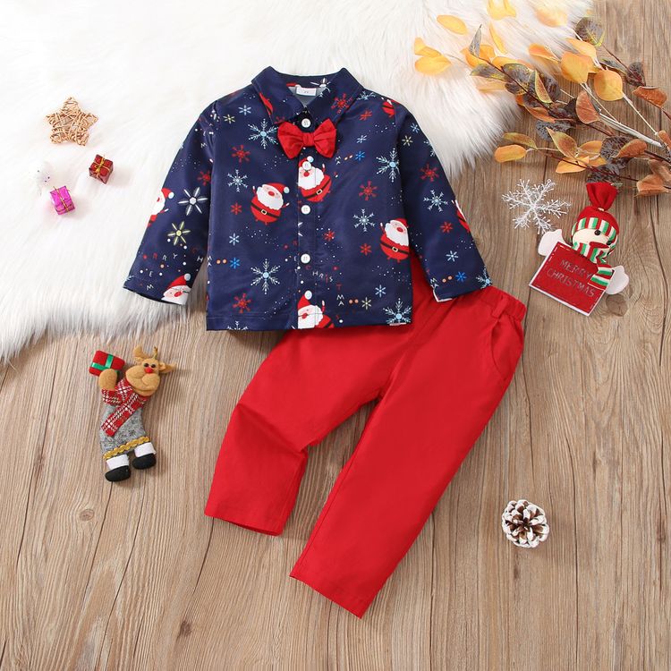 2pcs Toddler Boy Christmas Santa Print Shirt and Red Pants Set Deep Blue